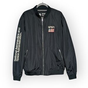 Pull & Bear Men's Black NASA Bomber Full Zip Jacket Space program XL